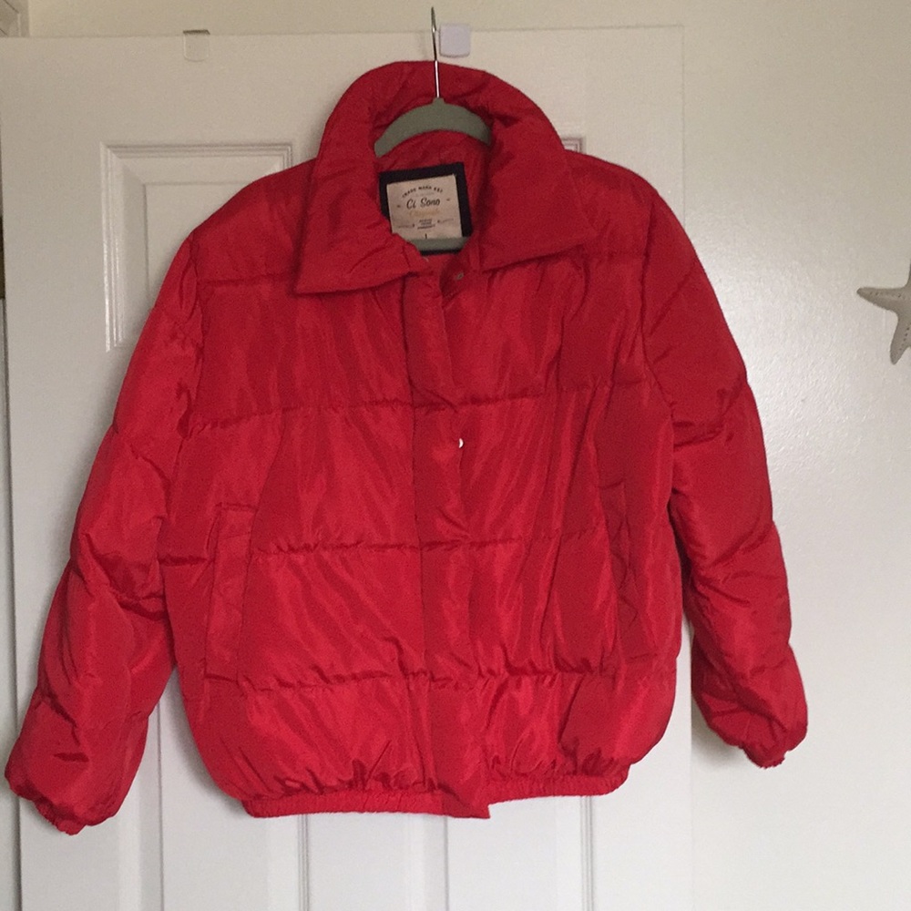 Red puffer jacket